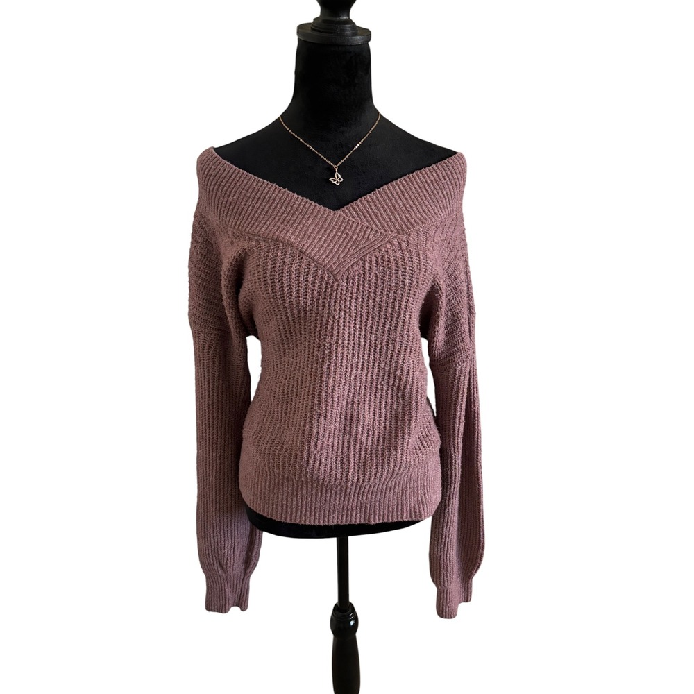 Pink Rose Mauve Off The Shoulder Knit Crossover V-Neck Sweater Long Sleeve - Picture 1 of 5